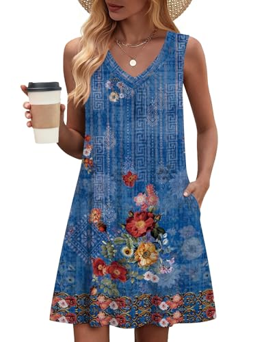 Image of Zeagoo Summer Dresses for Women 2026 Sleeveless Dress V Neck Tank Dress Pleated Floral Tshirt Sundresses with Pockets