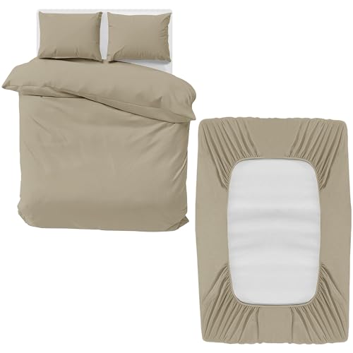 MOONLIGHT20015 Double Bedding Set 4 Piece Duvet Cover Fitted Sheet with Pillow cases Soft Brushed Microfiber Duvet Cover sets Beige