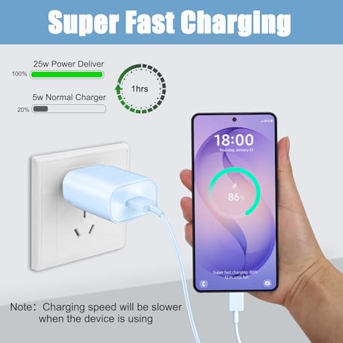Cargador Android USB C de 25W y cable Tipo C para Samsung Note 20 Azul 4