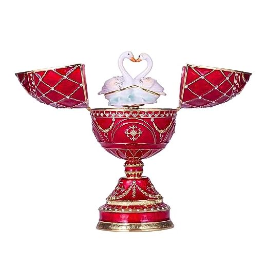 Rysk Faberge-stil ägg/musiklåda/smyckeskrin med två svanar röd 16 cm
