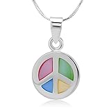 Chuvora Sterling Silver Multi-Colored Mother of Pearl Shell Peace Love Symbol Sign Necklace 18''