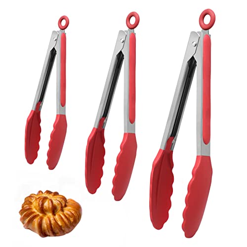 Küchenzange Edelstahl, 3er-Set Grillzange Kochzange mit Silikonspitze, Verriegelbare Metallzange Fleischzange Brotzange zum Kochen Grillen 21cm, 27cm, 34cm Lange Zange Küche