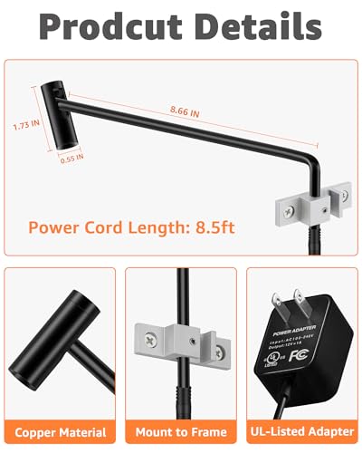URTOM LED Picture Light Plug in 120V Art Light with Remote & Timer, Dimmable Picture Frame Light for Paintings, 3000K CRI 90 Picture Lights for Wall Display Portrait Gallery, Brass Body Painted Black