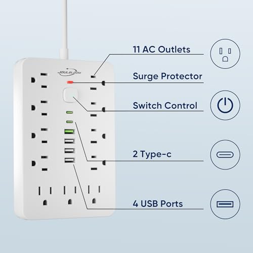 JouleLoom 2 Pack 6 FT Flat Plug Surge Protector Power Strip, 11 enchufes AC múltiples con 6 puertos USB (2 USB C), cable de extensión de 6 pies, 1250W/10A, botón de encendido táctil, regleta compacta 17 en 1 miniatura 3