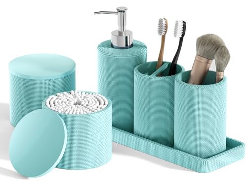 InnJoey 6-Piece Teal Blue Bathroom Set - Mesh Textured Resin Bathroom Accessories Set with Soap Dispenser, Toothbrush Holder, Cup, Vanity Tray & Apothecary Jars for Small Spaces
