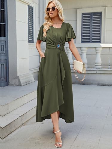 Image of QMZ Wedding Guest Dresses for Women V Neck Cocktail Dress Ruffle Sleeve A Line Evening Party Formal Dresses for Women