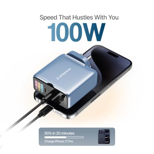 Image of Ambrane 100W Fast Charging Display Charger, Display to Show Power Details, 3 Ports - 2 Type C, 1 USB, Type C PD Fast Charging for MacBook, iPhone, Type C Laptops, Other Devices (Charge D100, Blue)