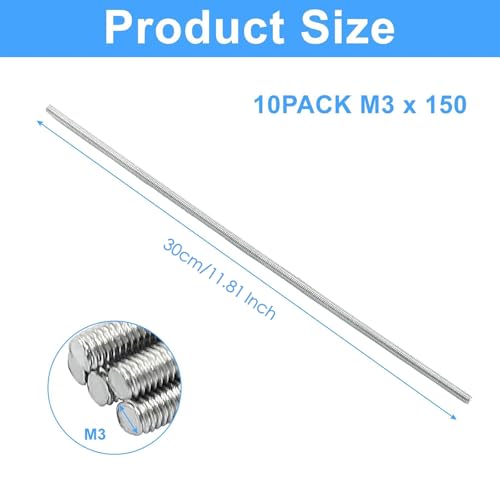 Litoexpe 5 Pack Fully Threaded Rod M3 x 300mm, 304 Stainless Steel Right Hand Threaded Rods Bar Studs