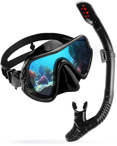 Adult Snorkeling Gear Set - Anti-Fog Scuba Diving Mask with 180°Panoramic Ultra-Clear View, Easy-Breathing Design, Professional Snorkel Mask for Adults in Black
