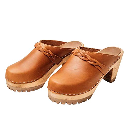 PiePieBuy Womens Clog Heeled Sandals Wooden Ankle Strap Buckle Mules Closed Toe Slingback Walking Shoes Brown