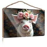 Divertidas placas para hombre, un cerdo adornado con flores y un collar dorado, letrero de madera para baño, letrero decorativo para colgar (20 x 30 cm)