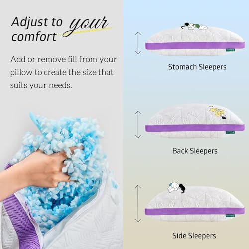 Image of BETU Cooling Pillow King Size, Shredded Memory Foam Pillows for Hot Sleepers, Adjustable Firm Bed Pillows, Hotel Collection Side Sleeper Pillow for Back Pain, Neck, Purple, 20 inchx36 inch