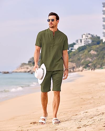 COOFANDY Conjunto de 2 peças de linho masculino casual Henley manga curta shorts de ioga para praia
