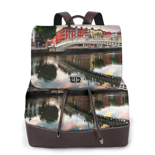 Sac à dos pour le travail et les voyages en cuir noir imprimé pont de Dublin