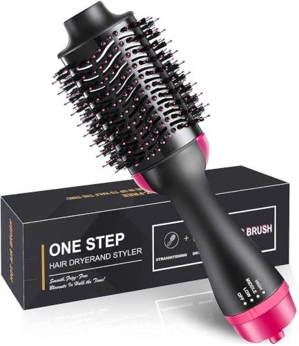 One Step Hair Dryer Brush - Hot Air Brush Hair Dryer & Volumizer | Heat Settings | Hair Straightener & Styler Brush for Fast Drying, Smoothening & Salon Blowout | Black & Pink