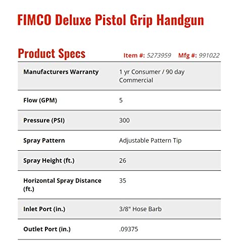 Fimco 5273959 Pistol Grip Handgun With X-26 Tip, 18" Aluminum Wand, Adjustable Pattern Tip, Flow Rate Up To 5.G.p.m., 300 P.s.i. #TOP2
