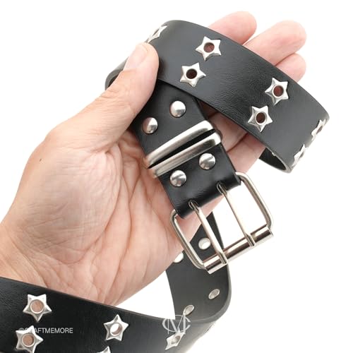 CRAFTMEMORE Star Studded PU Leather Belt, 43.3 inch Length, Double Prong Buckle SPB64