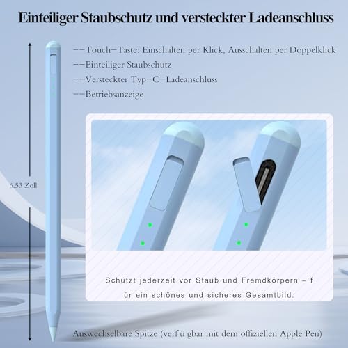 Stift für iPad 11 & 10. Gen, Air 11” & 13“ (M3/M2), Stylus Pencil für Apple iPad 11/10/9/8/7/6/A16, Pro 3/4/5/6/M4, Air 3/4/5, Mini 5/6 mit Schnellladeleistung Palm Rejection, Neigungssensitivität