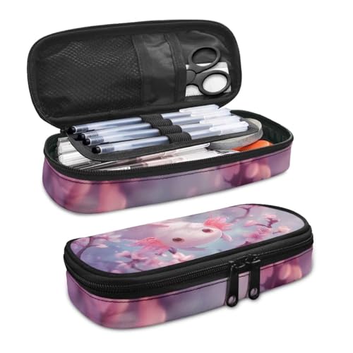 Image of Salamander Cherry Blossom Print Pen Case for Kids, Big Capacity Pencil Carrying Case Pencil Box Cosmetic Bag with Zipper Compartments for Back to School