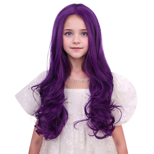 DUDUWIG Child Deep Purple Wig Kids Long Grape Purple Middle Part Wig Child Wavy Curly Wigs Heat Resistant Synthetic Wigs with Cap