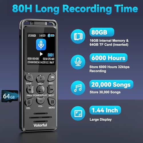 80GB(6000H) Digital Voice Recorder with Playback, Volorful 80H HD Audio Recorder with Al Noise Reduction for Lectures Meetings Interviews, Recording Device with Microphone, Lock, Password by Volorful - Image 2