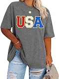 Plus Size USA Flag Shirt Women Patriotic Tee American Flag Tshirt 4th of July Top USA Summer Shirts (LightGrey1,XL)