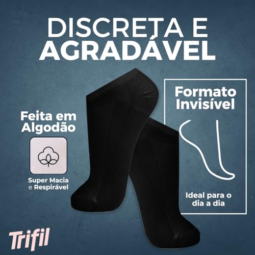 Kit 12 Pares de Meia Sapatilha Invisível Trifil Soquete Algodão Adulto Unissex | 12 Pretas | 39-43