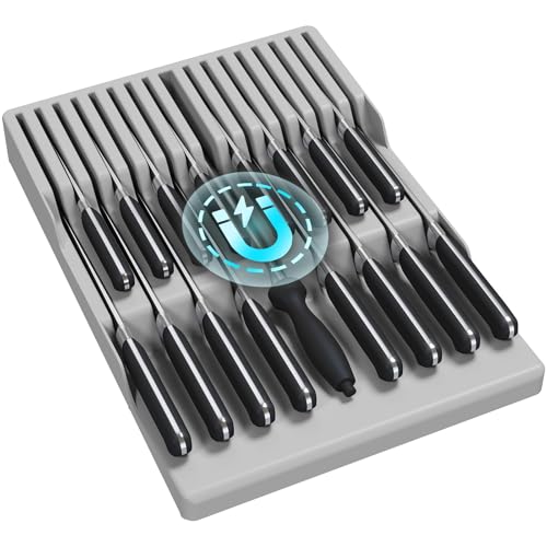 Lifewit Magnetic Drawer Knife Organizers Insert, Kitchen Plastic In Drawer Knife Block Slots for 16 Knives and 1 Sharpening Steel, Extra Large Steak Chefs Knives Holder Storage Sets, Gray