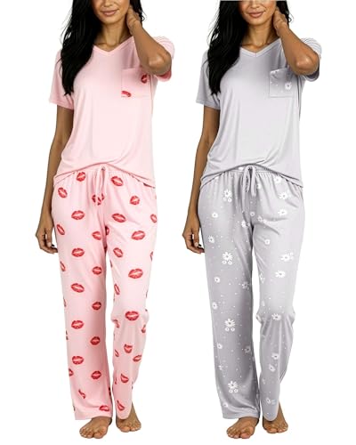 Image of Real Essentials 2 Pack: Women's Comfy Pajama Sets - Short Sleeve Ladies Loungewear Sleepwear PJs (Available In Plus)