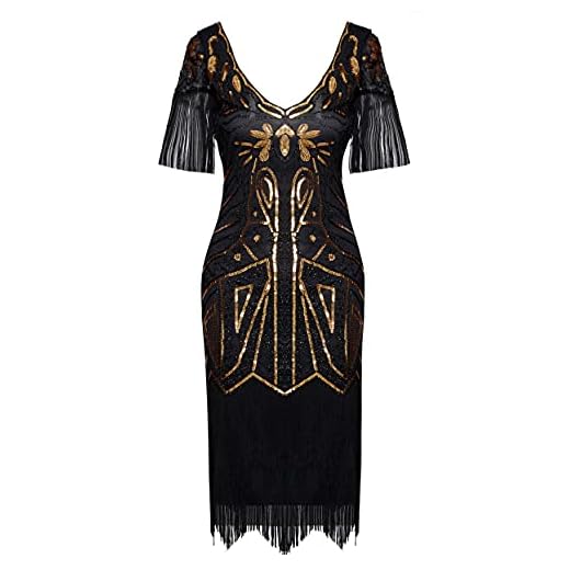 Coucoland 1920-talsklänning dam fransar ärmar knälång klaffklänning 20-talet paljettklänningar Great Gatsby cocktail party dam karneval kostym klänning, svart guld, S