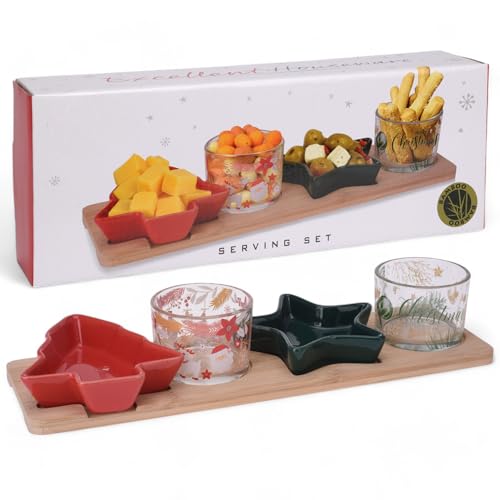 MIJOMA X-MAS - Set di 5 piatti in legno festivo con ciotole in porcellana e vetro, perfetto per tapas, formaggi, salse e caramelle