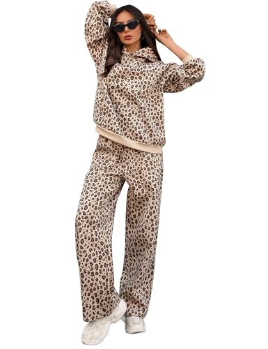 Lenader Leopard Oversized Sweatsuits Women 2 Piece Outfit Cheetah Hoodie