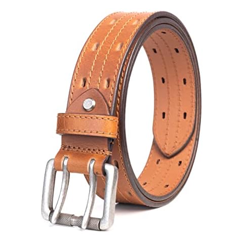 KERTZ Men's Leather Belt 38 mm Casual Leather Belt with Roller Double Prong Buckle | Jeans | Pants 24"-56" (Waist Size In Inch (44"-46"), Tan) Cover