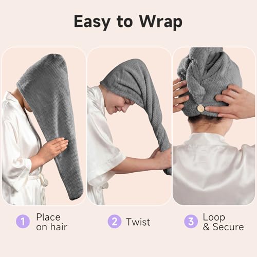 Umisleep 2 Pack Microfiber Hair Towel Wrap for Curly Hair, Super Absorbent Hair Drying Towel for Women, Kids, Hair Care Accessories, Hair Turban for Wet Hair (Grey, White)