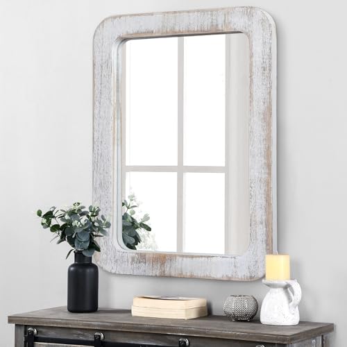 JJUUYOU Large Rustic Mirror Wood Framed Wall Mirror 45X65CM Rectangle Hanging Vanity Mirror Decor for Bathroom Bedroom Living Room