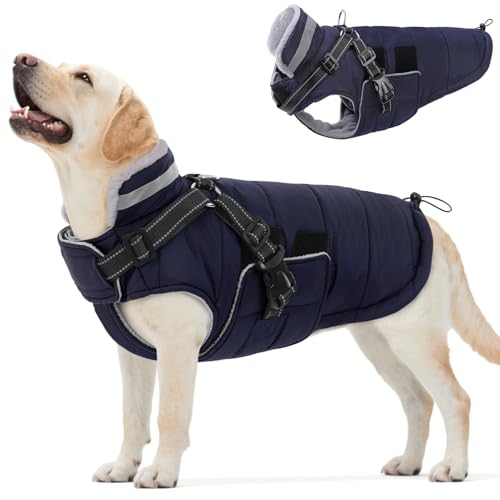 Queenmore Winter Dog Jackets for Extra Large Dogs with Harness Built-in