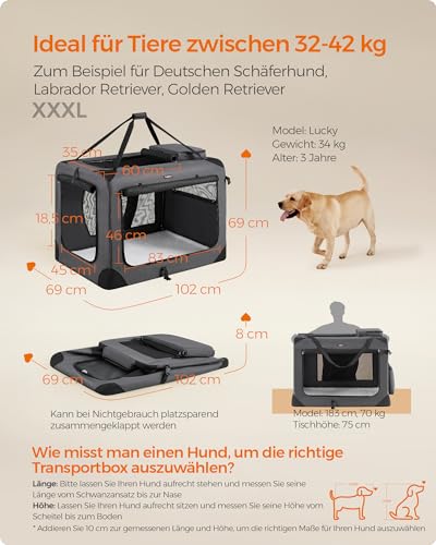 Feandrea Hundebox faltbar, Transportbox Hund, XXXL, Hundetasche, Oxford-Gewebe, Netzstoff, atmungsaktiv tragbar transportabel, Metallrahmen, mit Griffen, Taschen, 102 x 69 x 69 cm, grau PDC10G01
