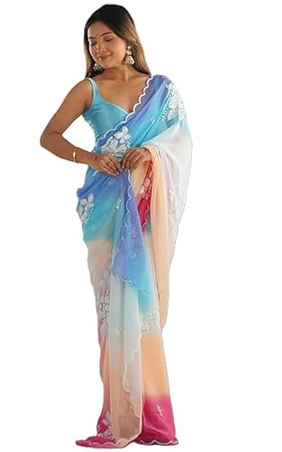 Global Saree Women's Georgette Sequence Embroidery Work Saree With Unstitched Blouse Piece (Blue)