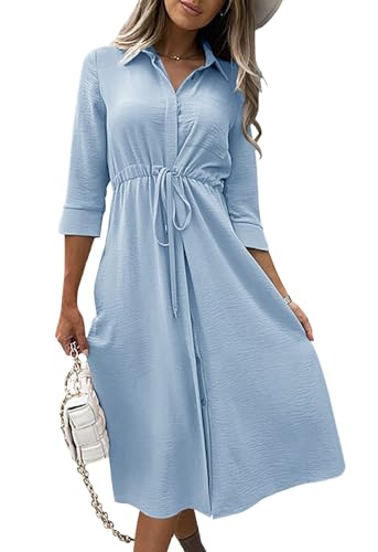 Image of Febriajuce Women's 3 /4 Sleeve Midi Dress Casual Drawstring Belted Round Neck Plain Tie Waist Loose High Waist Long Dress