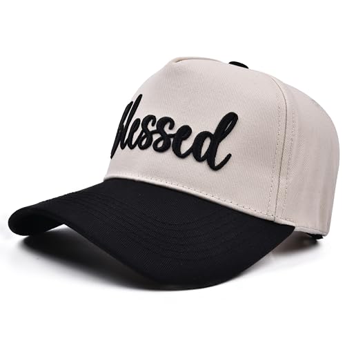 Jumsky Christian Blessed Trucker Hats, Embroidered Adjustable Fatih Baseball Cap for Mom Dad Grandma,Religious Gifts Beige