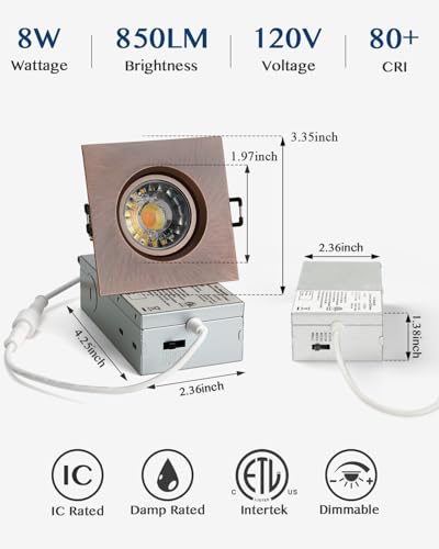 Image of Canless Recessed LED Eyeball Lights 8W 5CCT Selectable 360 Rotatable Square Downlight with Junction Box,Wet Location Dimmable Wafer Lights,Square Trim,6Pack (Oil-Rubbed Bronze, 3 inch)