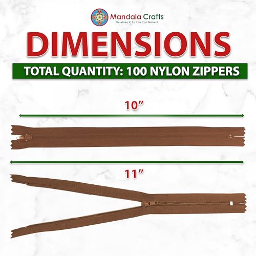 Image of Mandala Crafts 100 PCs Brown Closed-End 10 Inches Nylon Zippers for Sewing