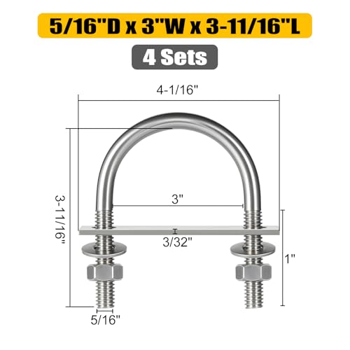 Image of 4 Sets Round U Bolts, u-Bolts 3 Inch Wide, 304 Stainless Steel U Bolt,with Nuts,Bolt Plate and Washers for Boat Trailer Tube(5 /16 inch D x 3 inch W x 3-11 /16 inchL)