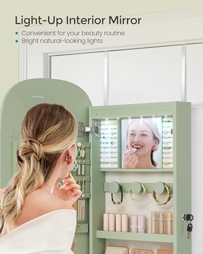 Image of SONGMICS Jewelry Organizer, LED Jewelry Cabinet Wall /Door Mounted, Lockable Rounded Wide Mirror with Storage, Interior Mirror, 3.9 x 16.5 x 42.5 Inches, Laurel Green Surface with Cream White Lining