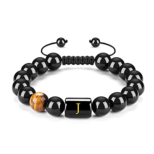 FRG Initials Bracelets for Men Letter Link Handmade Natural Black Onyx Tiger Eye Stone Beads Braided Rope Meaningful Bracelet