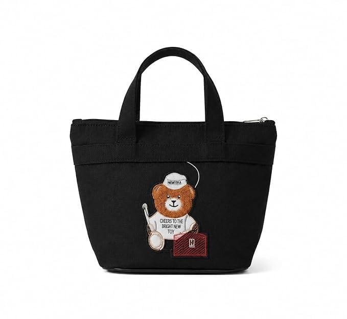 Black Canvas Tote Bag for Women with Handmade Embroidered Teddy Bear Patch, Small Foldable Handbag for College, Office, Travel & Shopping, Reusable Cute Canvas Purse for Daily Use (Small)-image-20