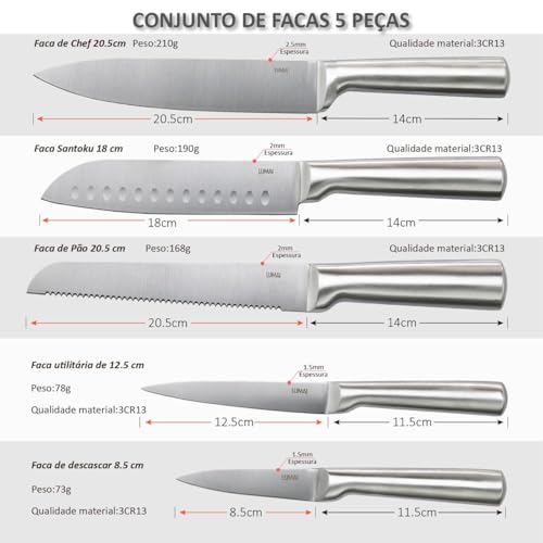 LUMAI Conjunto de 5 Facas Profissionais em Aço Inoxidável 3CR13, Kit Completo com Lâminas Afiadas e