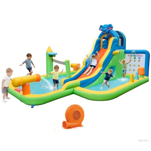 BOUNTECH Inflatable Water Slide, Elephant Surfing Slide Kids Water Park Jump Bouncy Castle w/2 Splash Pools, Hide & Seek Cave, GFCI Blower, Water Slides Inflatables for Big Kids Outdoor Backyard Gifts