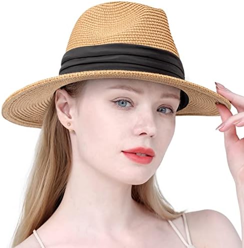 DRESHOW Women Straw Panama Hat Fedora Beach Sun Hat Wide Brim Straw Roll up Hat UPF 50+