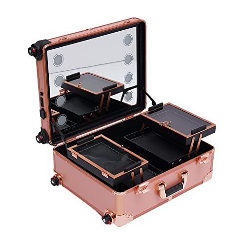 Aohuada Valise de maquillage à roulettes - Coiffeuse avec 4 roulettes - Éclairage et miroir - Mallette de maquillage professionnelle - Pieds réglables - Or rose, Or rose, 1